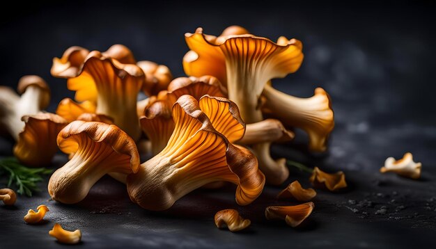 cogumelos chanterelle crus em fundo escuro