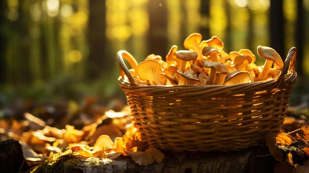 Cogumelos Chanterelle em uma cesta de madeira no fundo da floresta desfocada IA generativa