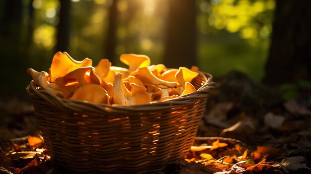 Cogumelos Chanterelle em uma cesta de madeira no fundo da floresta desfocada IA generativa