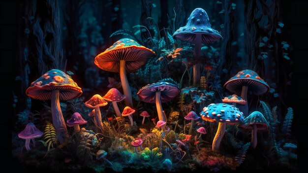 Cogumelos coloridos em um fundo escuro