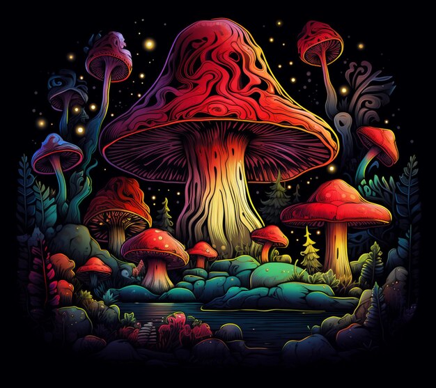 cogumelos coloridos em uma floresta à noite com estrelas generativas ai