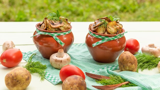 Cogumelos com batata e carne cozidos em panela de barro no forno de pedra. Na natureza.