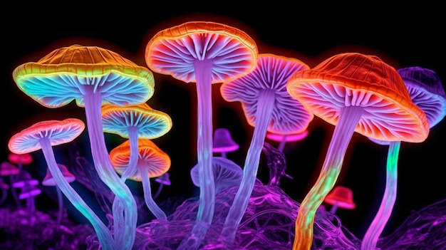 Foto cogumelos com psilocibina generative ai e neon psychedelic