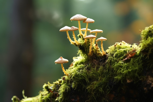 Cogumelos crescendo em uma árvore coberta de musgo na floresta tropical Pequeno fungo crescendo em uma vista lateral de uma árvore coberta de musgo Pequeno fungo crescendo em uma árvore coberta de musgo vista lateral Gerado por IA