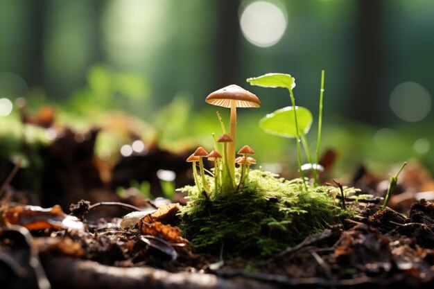 cogumelos crescendo no chão de uma floresta