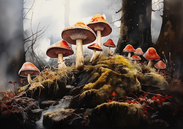 cogumelos crescendo rochas paisagem das maravilhas ilusão de fundo escondido boné vermelho desenhador pinturas filtros