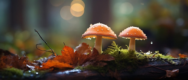 Cogumelos da floresta de outono com delícia macro de gotas de chuva