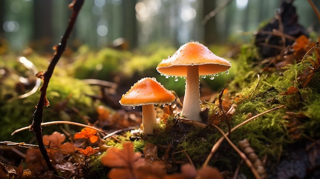 Cogumelos da floresta de outono com delícia macro de gotas de chuva