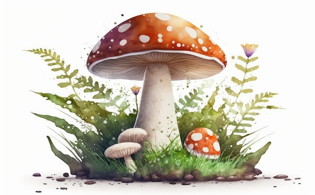 cogumelos da floresta desenhados em ilustrações de alimentos orgânicos em aquarela de fundo branco gerados por ai