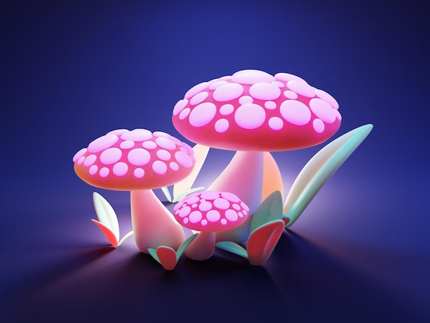 Cogumelos de fantasia em terra mágica renderização 3d