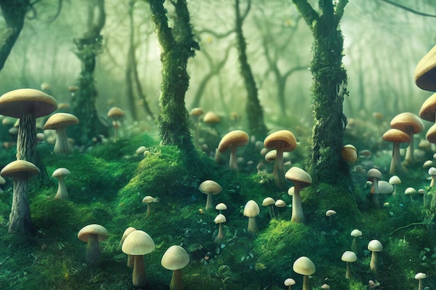 Cogumelos de fantasia na ilustração 3D da floresta mágica