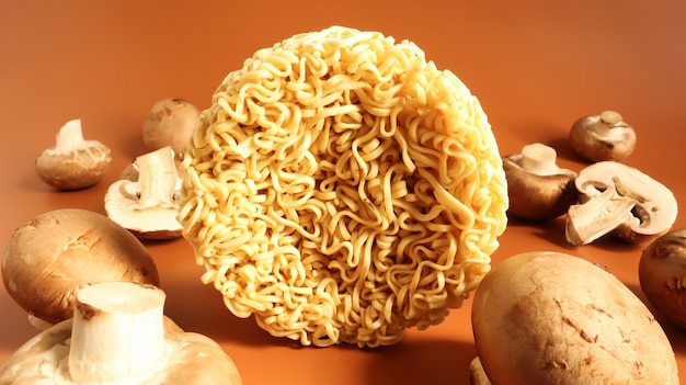 Cogumelos e macarrão instantâneo asiáticos, ramen e vegetais tradicionais da comida oriental. comida rápida. o conceito de vegetarianismo. massa, para a preparação da qual basta despejar água fervente.