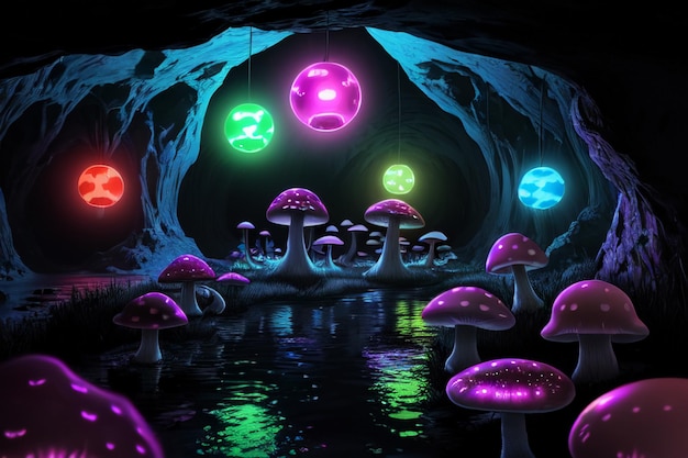 Cogumelos em desenhos animados de cavernas subterrâneas arte abstrata fundo de papel de parede colorido