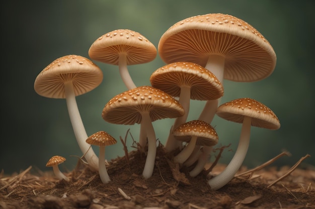 Cogumelos em um fundo de cor sólida com musgo verde e gotas de água