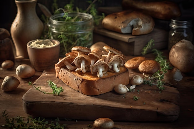 Cogumelos em um pão com uma jarra de alho em cima da mesa