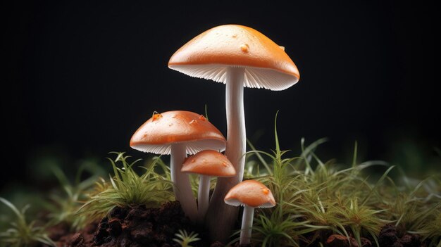 Cogumelos em uma grama verde com fundo preto