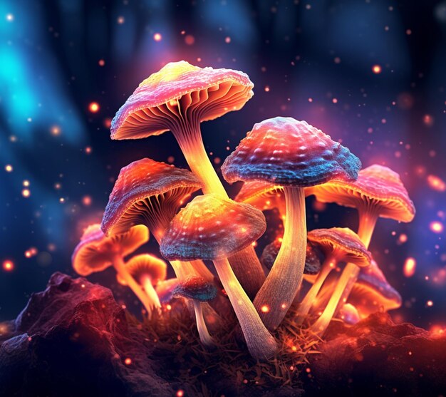 cogumelos estão brilhando no escuro com um fundo brilhante generativo ai