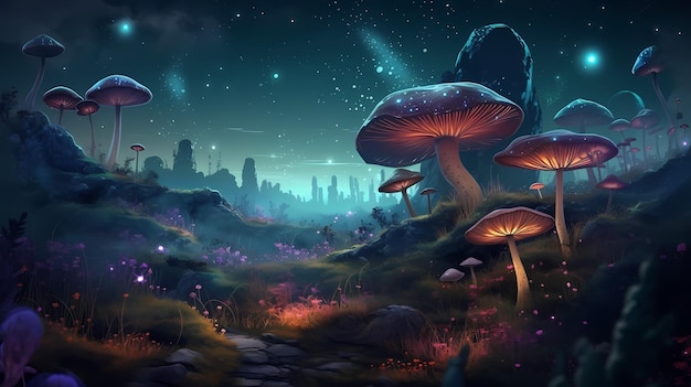 Cogumelos fantásticos da paisagem psicodélica surreal