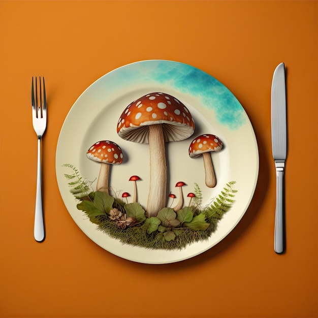 Cogumelos fantásticos no prato comendo fungo alucinógeno ilustração AI generativa