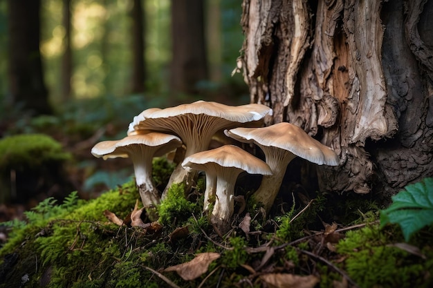 Foto cogumelos florestais em um tronco