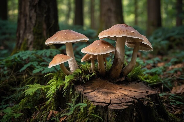 Foto cogumelos florestais em um tronco