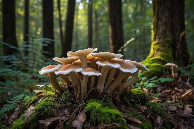 Foto cogumelos florestais em um tronco