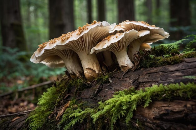 Foto cogumelos florestais em um tronco