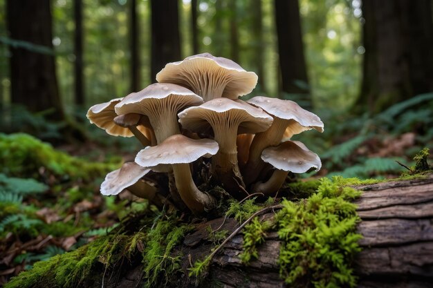 Foto cogumelos florestais em um tronco