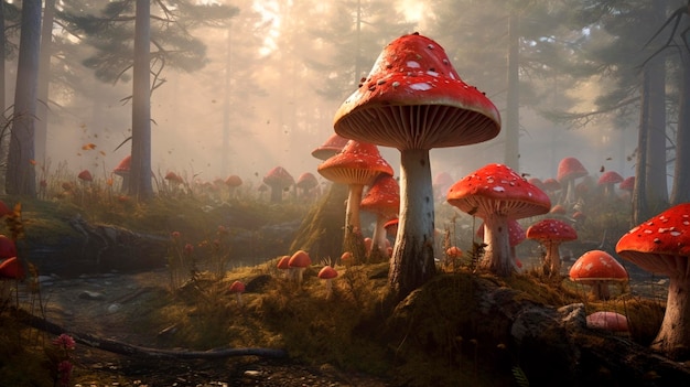 Cogumelos fly agaric povoam uma clareira na floresta, lembrando os cogumelos fantásticos das histórias de Alice no País das Maravilhas Generative AI