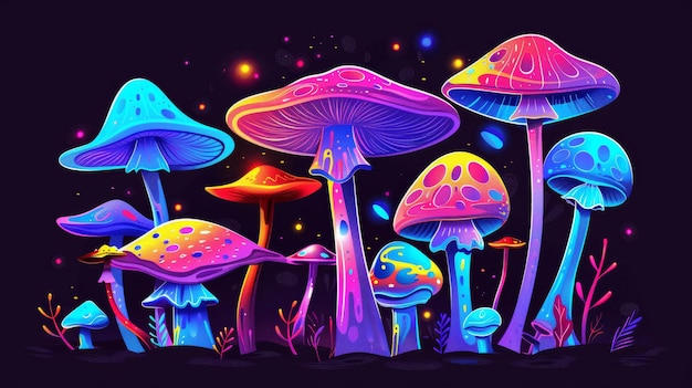 Cogumelos frescos isolados sem esforço em preto Ilustração moderna contemporânea de cor de néon patch de fungo retro elemento de design de cartaz de festa retrowave em cores vibrantes funky