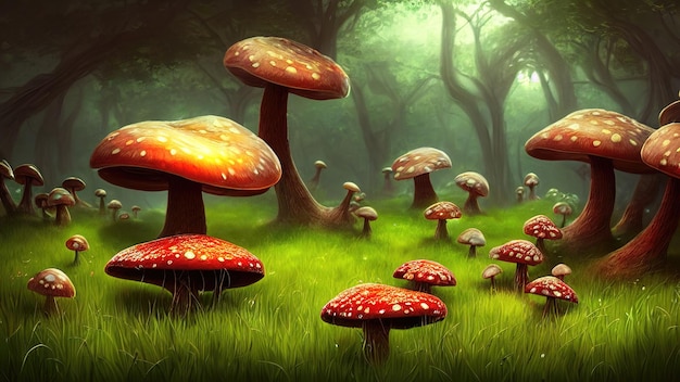 Cogumelos grandes fabulosos em uma floresta mágica Ilustração de cogumelos de fantasia para a capa do livro Paisagem incrível da ilustração 3d da natureza