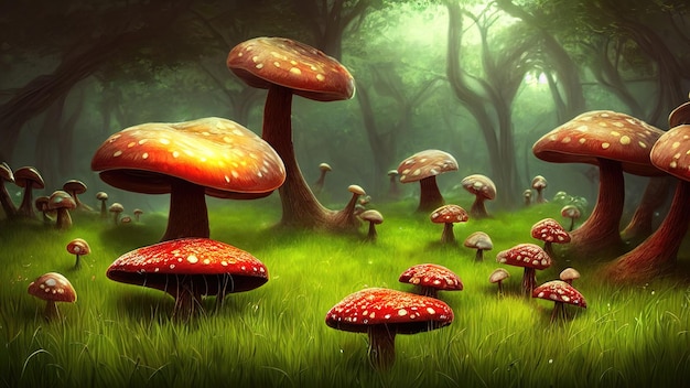 Cogumelos grandes fabulosos em uma floresta mágica ilustração de cogumelos de fantasia para a capa do livro paisagem incrível da ilustração 3d da natureza