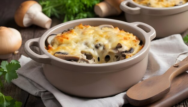 Foto cogumelos julienne assados com frango e queijo em panelas