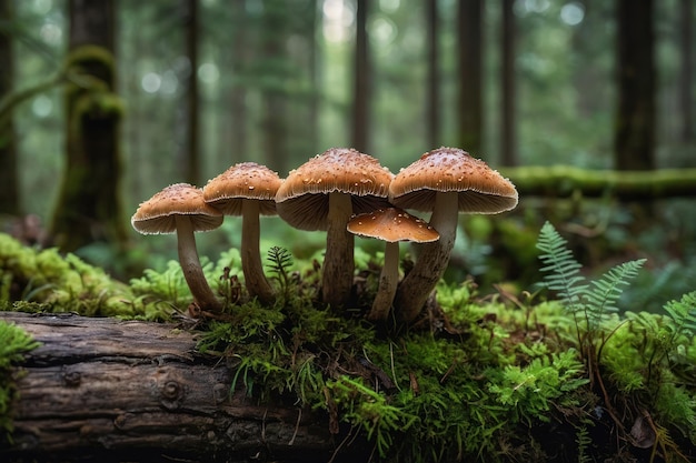 Cogumelos luminosos em um tronco de musgo na floresta