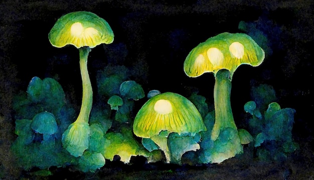 Cogumelos mágicos de fantasia brilhando no escuro Ilustração pintura aquarelle