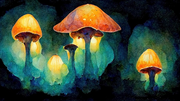 Cogumelos mágicos de fantasia brilhando no escuro Ilustração pintura aquarelle