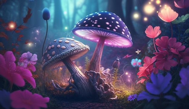 Cogumelos mágicos de fantasia em ilustração de renderização 3D de luz neon
