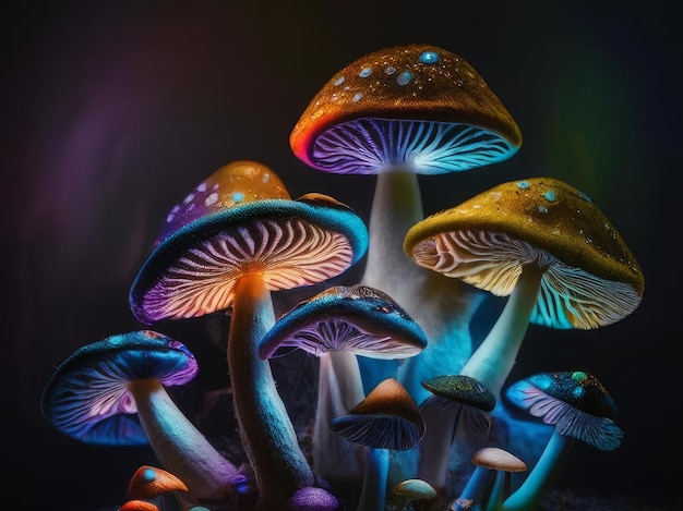 Cogumelos mágicos na floresta Cogumelos brilhantes coloridos na floresta mística Generative AI