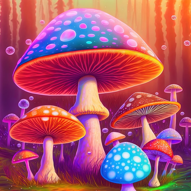 Cogumelos mágicos psicodélicos em cores neon brilhantes