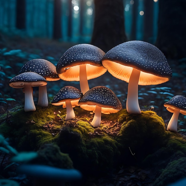 Cogumelos na floresta à noite Foco seletivo gerado pela IA