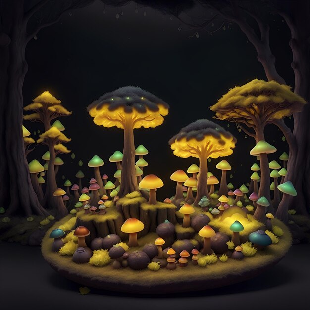 Cogumelos na floresta à noite ilustração 3D