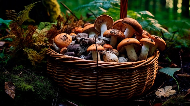 cogumelos na floresta coletados em uma cesta