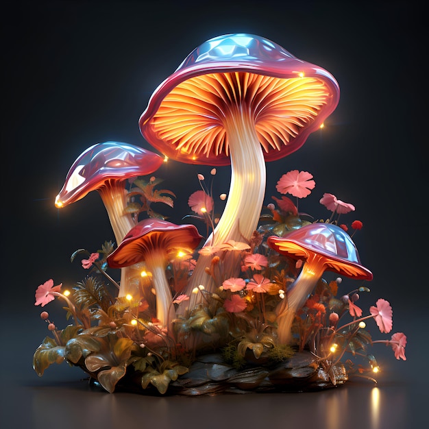 cogumelos na floresta com luzes LED ilustração 3D