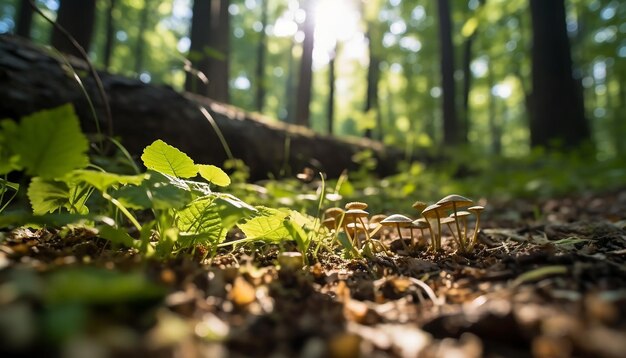 Cogumelos na floresta com o sol brilhando sobre eles