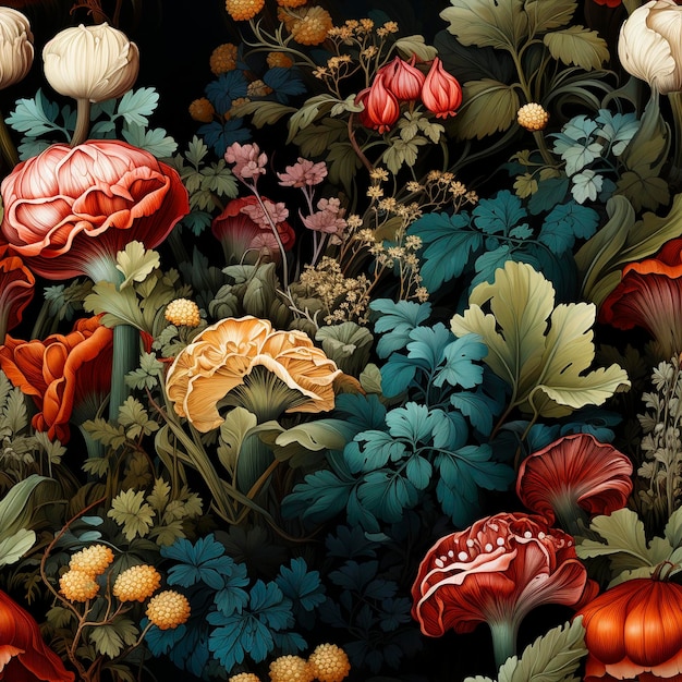 Cogumelos na floresta de outono azulejos de padrão sem costura criados com IA generativa