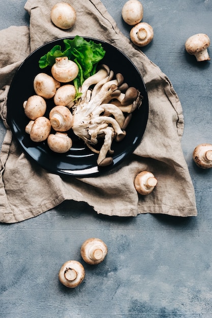 Cogumelos ostra frescos e champignon em placa preta com espaço de cópia. vista do topo.