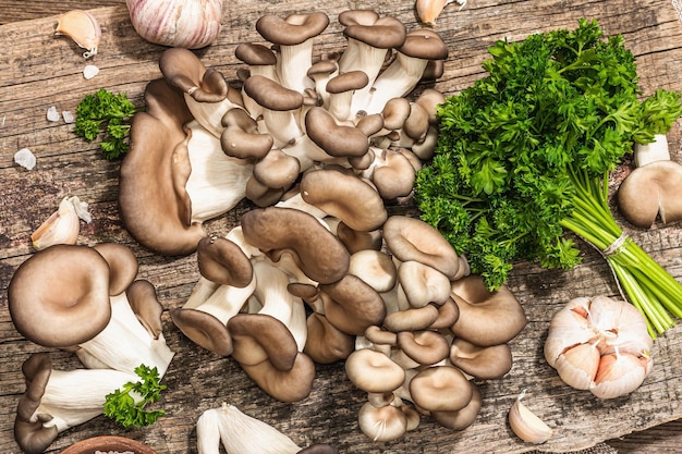Cogumelos ostra prontos para cozinhar Especiarias frescas de salsa e alho Sombras escuras de luz dura na moda vista superior do fundo de madeira antigo