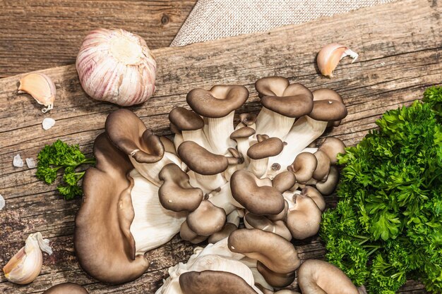 Cogumelos ostra prontos para cozinhar Especiarias frescas de salsa e alho Sombras escuras de luz dura na moda vista superior do fundo de madeira antigo