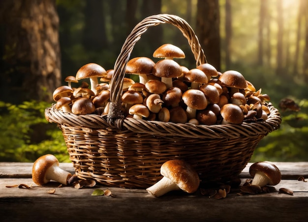 Cogumelos Porcini em uma cesta de vime em uma mesa de madeira