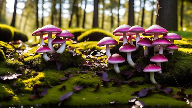 Foto cogumelos roxos cintilantes contra um fundo de musgo verde brilhante uma imagem de paz e tranquilidade nesta floresta única criativa ai gerada